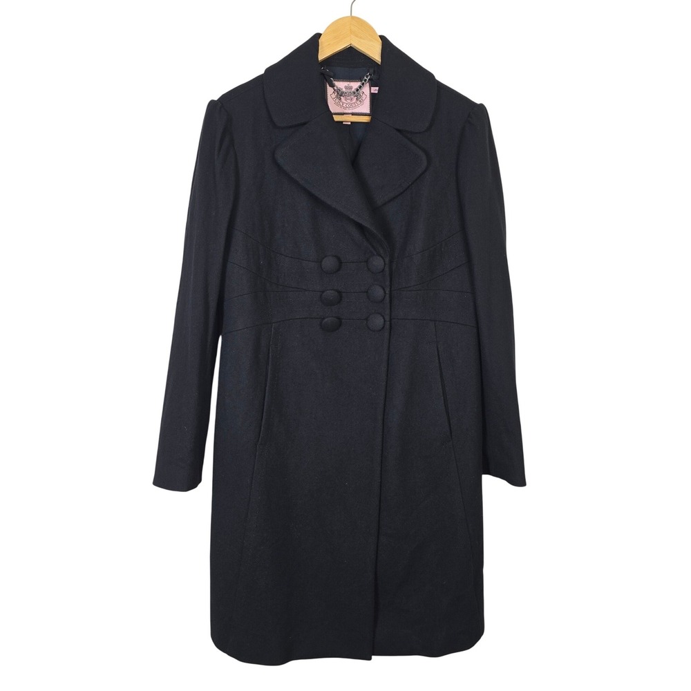 Juicy Couture Womens Black Wool Blend Double Breasted Overcoat Jacket Size XL